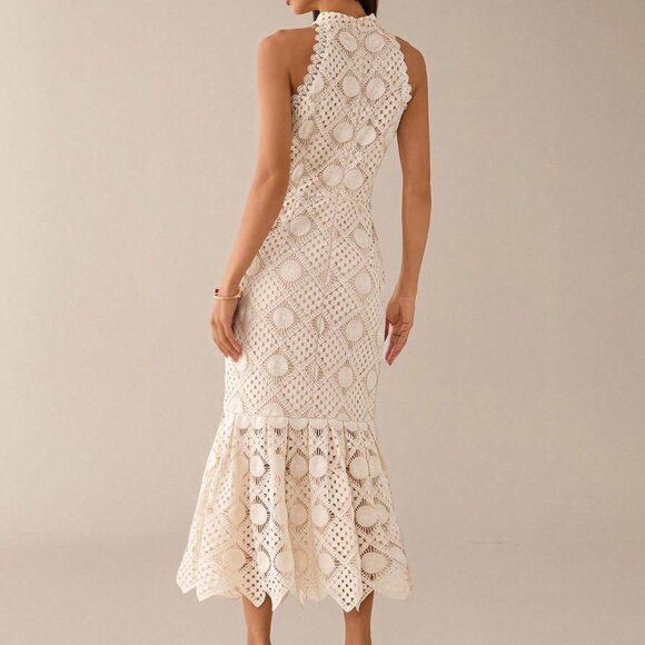 Apricot Elegant Women's Sleeveless Crochet Lace Midi Dress - Picture 2 of 8